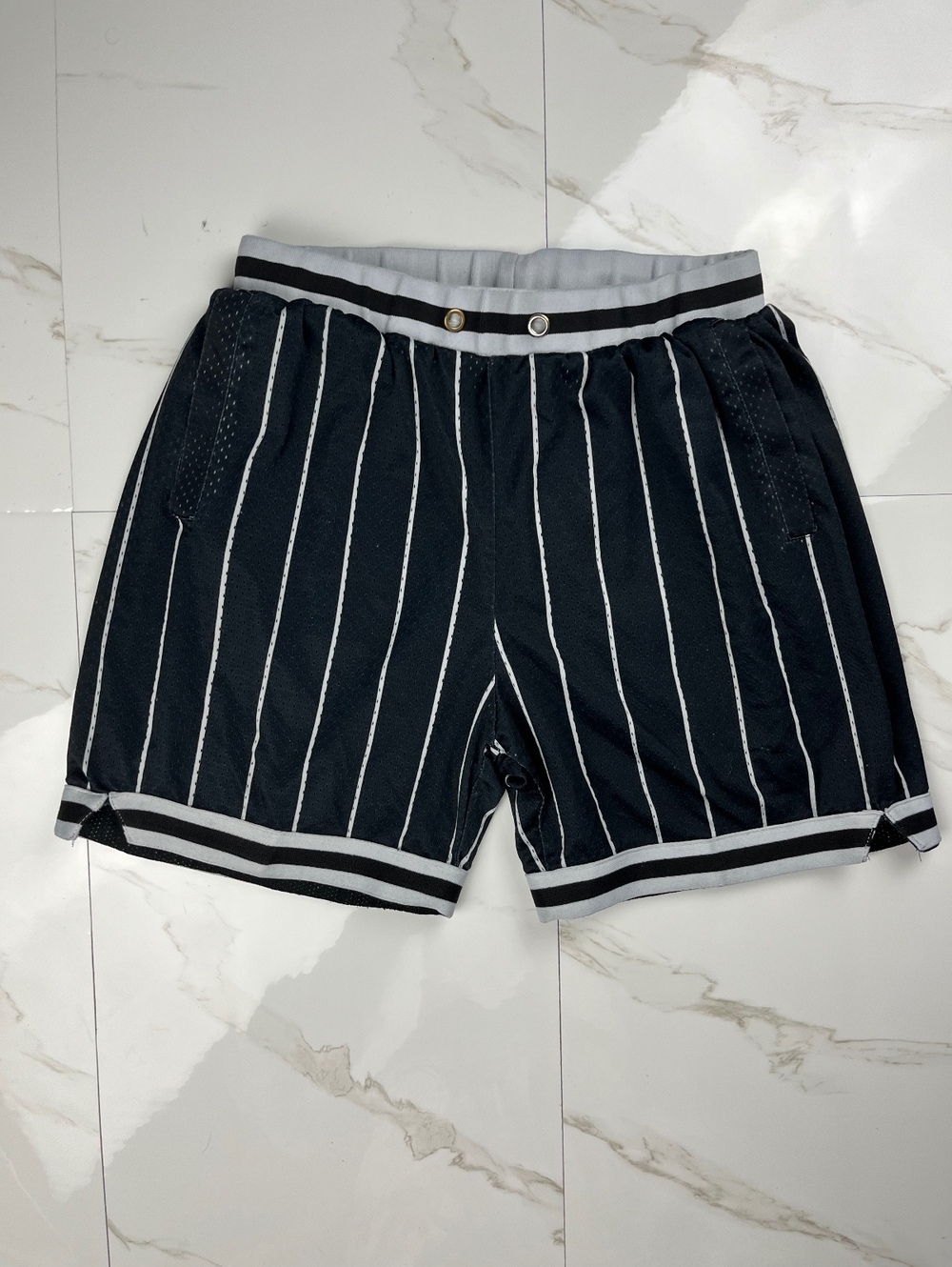 Black White Striped Mesh Shorts Medium Casual